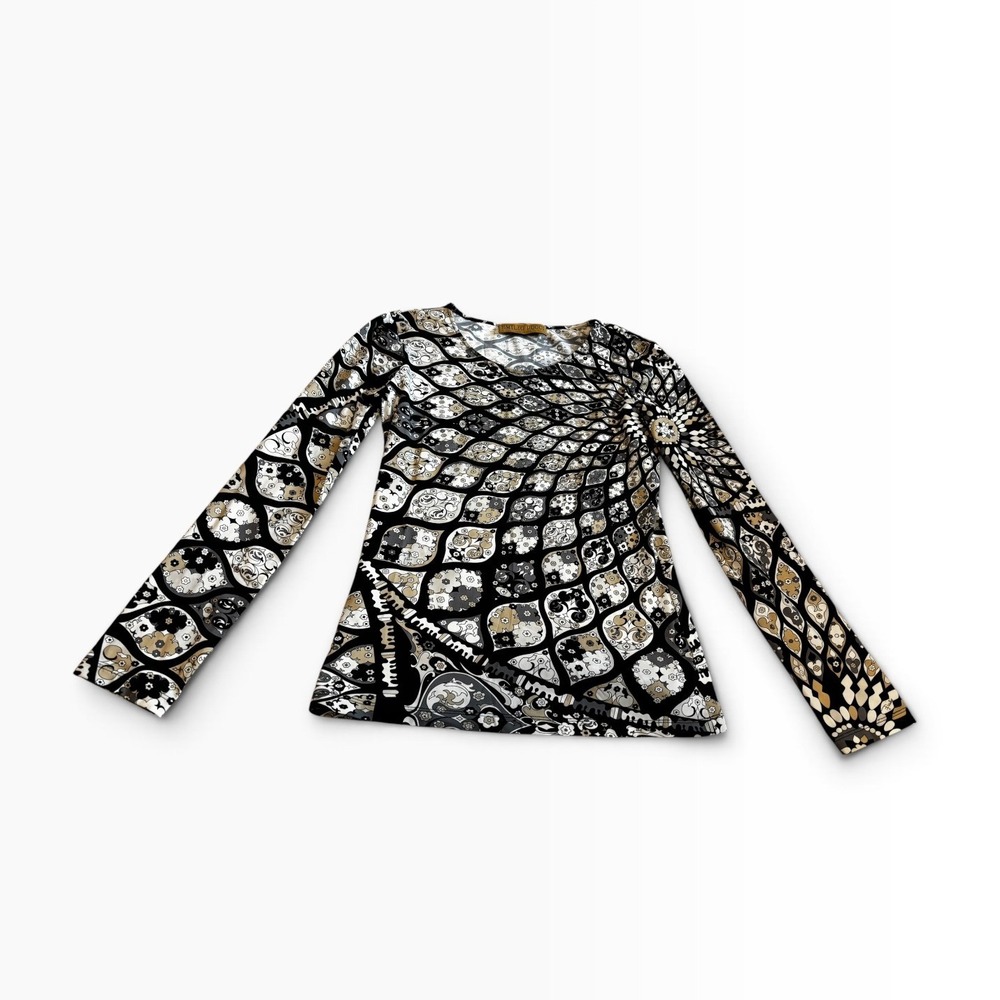 Emilio Pucci Long Sleeve Top 8 Black Gold Geometric Print Made In Italy 42WP80